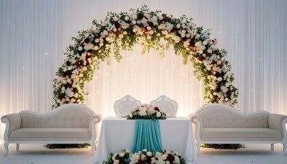 Elegant wedding stage decoration with a floral arch, white sofas, and a table set for a couple.