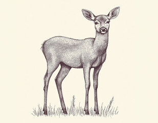 Deer fawn. Vintage retro print, black white deer fawn sketch ink pencil style drawing, engrave old school. Sketch artwork silhouette reindeer, fawn. Side view profile. Illustration