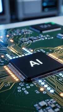 Close-up of ai circuits on green motherboard. High-tech components glow with intelligent technology. Innovation in artificial intelligence drives digital future. Vertical layout.