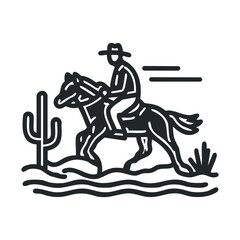 Fototapeta premium Cowboy riding horse through desert landscape near cactus.Vector 