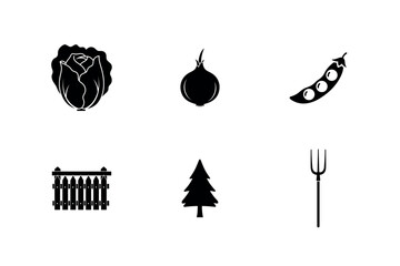 A collection of farm-related icons including a tree, a fence, a fork, a knife, a spoon, and a carrot