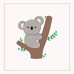 Cute cartoon koala sitting on a tree branch with green eucalyptus leaves. Adorable Aussie animal illustration for children's design, nature, or wildlife themes.