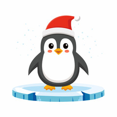 Fototapeta premium Cute cartoon penguin character wearing a red Santa hat, standing proudly on an arctic ice floe, a delightful symbol of winter wonder and holiday cheer
