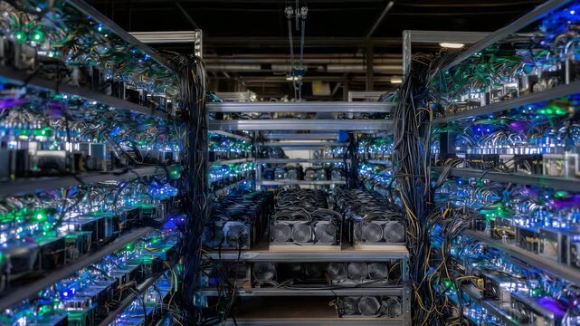 Mining rig filled with dozens of high-end GPUs mounted on aluminum frames, glowing with electric hues