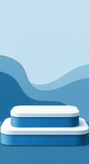 Twotiered white and blue podium with wavy blue background