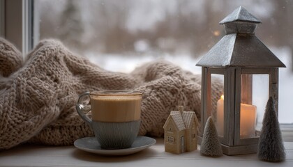 Cozy arrangement featuring a warm beverage, knitted textile, and candlelight by a window overlooking a winter scene.