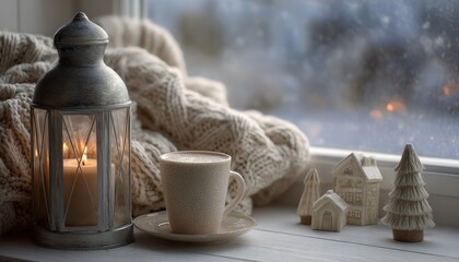Cozy arrangement featuring a lit lantern, hot beverage, and miniature winter decorations sits on a windowsill during snowfall