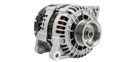 Automotive Alternator Part with Metal Pulley and Copper Wire Coils Against Black Background