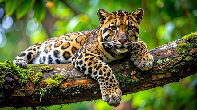 Clouded Leopard Resting on a Mossy Tree Branch in Lush Green Forest.