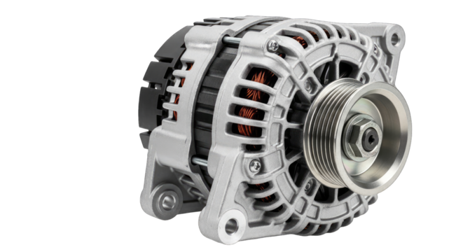 Automotive Alternator Part with Metal Pulley and Copper Wire Coils Against Black Background