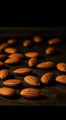 Golden roasted almonds resting on a baking sheet, fresh out of the oven. These nuts are ready to be used in desserts or enjoyed as a healthy snack ,brown ,organic ,crunchy