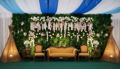 An indoor setup with a sofa and chairs against a floral backdrop for a celebration.