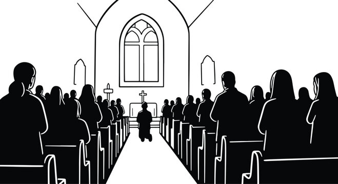 Church service drawing showing a gathering of people worshiping together