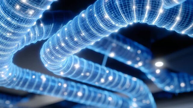 Modern 3D vector blueprint of HVAC air ducts, detailed junctions, vents, and pipelines, BIM model style emphasizing precision for architectural planning