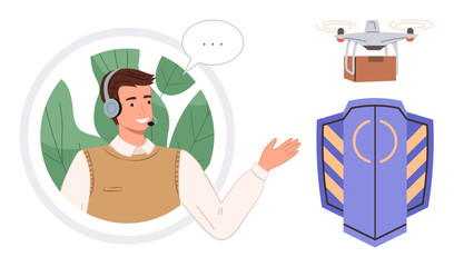 Customer service representative wearing a headset gestures while explaining quadcopter delivery and shield security concept. Ideal for logistics, customer support, safety, technology, delivery