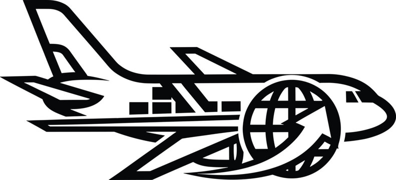 Black airplane with globe and arrow graphic aircraft, airplane, aircraft, jet, global, world, globe, earth, arrow, logistics, shipping, transport, travel, delivery, cargo, international, movement, spe