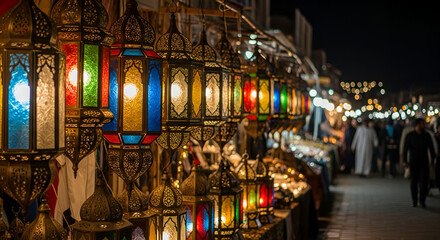 Ornate Colorful Stained Glass Lanterns Hanging in a Middle Eastern Bazaar