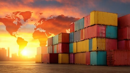 Stack of colorful shipping containers with world map overlay at sunset. Global logistics and international cargo transport concept. Trade.