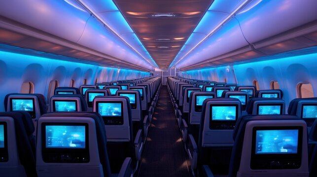 Empty airplane cabin with ambient blue lighting and individual seatback screens. Modern aircraft interior with futuristic atmosphere for travel. - Powered by Adobe