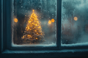 Generative ai image of glowing christmas tree seen through frosty winter window creating cozy festive holiday mood
