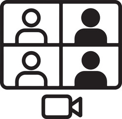 Isolated Video Conference black vector icon set, video conference icons, online meeting team chat, solid black outline filled minimal thin stroke, remote communication office symbols