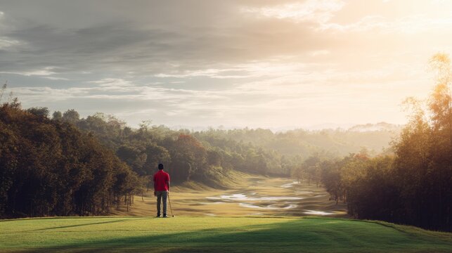 A man golfer in a red shirt stands on a green tee box looking at the course during sunrise. Outdoor recreation and sport concept for a healthy lifestyle.