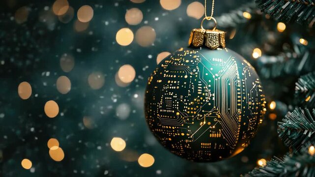 Innovative Christmas ornament with a glowing microchip circuit pattern hanging from a pine branch, snow and bokeh lights blending festive tradition with modern technology