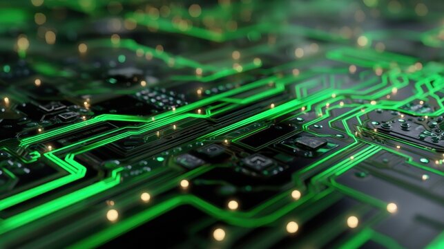 Close up view of green illuminated circuit board. Digital computer chip with glowing electric signals. Electronic hardware technology for data processing.