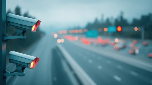 CCTV cameras surveilling a highway with blurred traffic at dusk. Security and monitoring system concept for public safety and protection. - Powered by Adobe