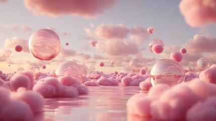 Pink fluffy clouds floating on water with glass spheres and round soft elements. Dreamlike abstract concept for imagination and beauty.