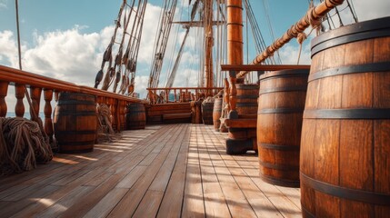 Naklejka premium Historic sailing ship deck with wooden barrels and rigging under a blue sky. Vintage pirate vessel. Nautical adventure concept.