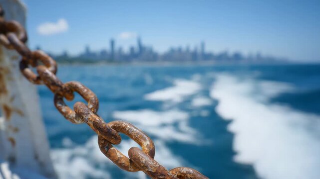 Perspective from a sailboat deck, close-up of rusted anchor chain, calm sea waves reflecting sunlight, city skyline faintly visible in the background