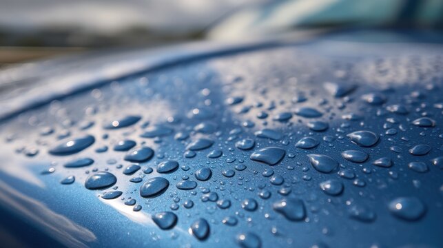 Water drops on a blue car hood after rain shower. Hydrophobic effect on vehicle surface. Automotive detailing concept.