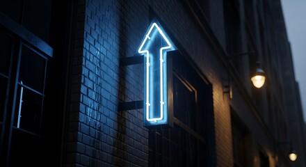 Bright Blue Neon Up Arrow Sign on Dark Brick Wall in Night Urban Setting