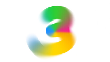 A vibrant, blurry number three (3) in rainbow colors on a transparent background.