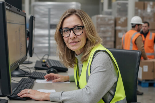 Portrait of Caucasian middle aged woman wearing glasses working at computer in warehouse office, looking into camera, background showing workers in safety vests and hard hats