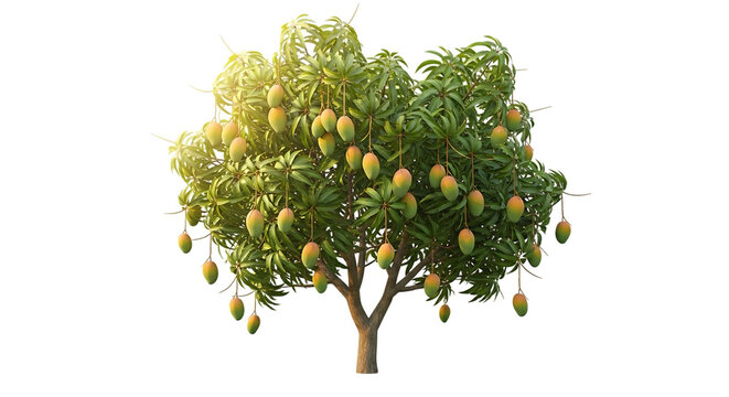 A mature mango tree, laden with ripe green and yellow fruits, cutout, PNG isolated on white or transparent background - Powered by Adobe
