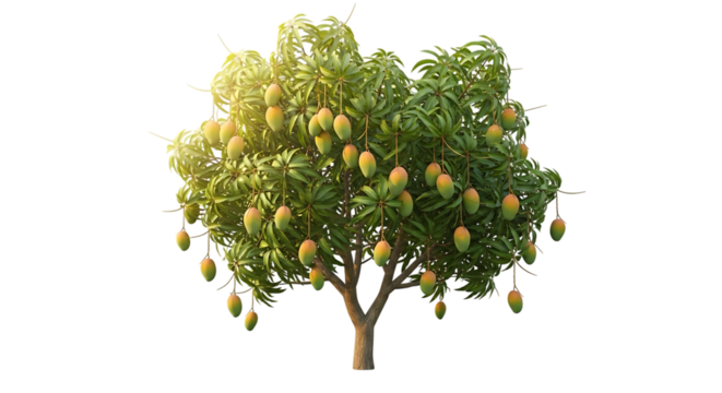 A mature mango tree, laden with ripe green and yellow fruits, cutout, PNG isolated on white or transparent background