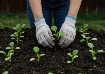 Hands wearing gloves tending to young vegetable seedlings planted in rich, dark soil within a productive, organic backyard garden setting ,growing ,sprouts ,hobby