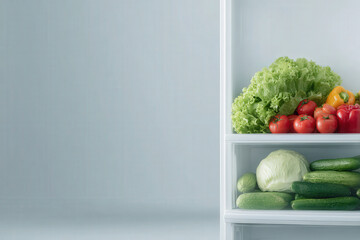 minimalist refrigerator filled with variety of fresh vegetables featuring ar blurred white text bars