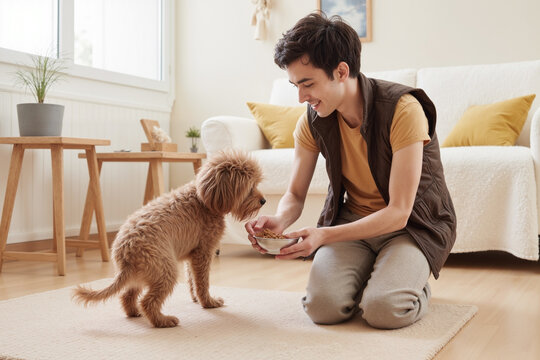 Young adult Caucasian man kneeling on carpet feeding small brown dog from bowl in living room, smiling and making eye contact with pet, natural light coming through window