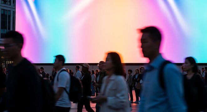 Crowd of People Walking in Front of Large Colorful Digital Screen at Night