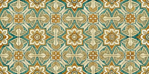 Ornate Tile Pattern with Floral Motifs in Blue and Gold Vintage Design Decorative Background Surface Wall Interior Design Textured Illustration Artistic Seamless