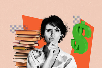 Banner 3d art poster image collage of minded businesswoman think book payment dollar capital money...