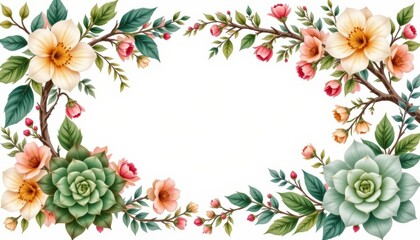 Floral Border With Succulents and Colorful Blooms Creating An Elegant Design for Background Decoration