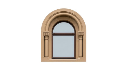 Isolated window with arch, column pilasters, and brown trim against clean backdrop