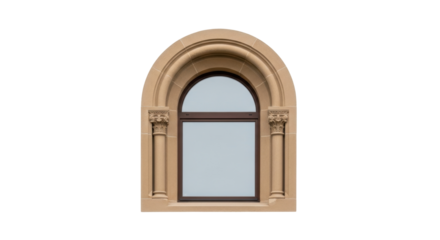 Isolated window with arch, column pilasters, and brown trim against clean backdrop