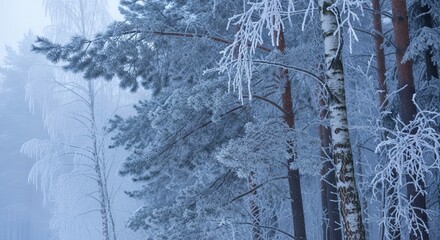 Snowy winter forest with trees covered in frost and ice crystals landscape