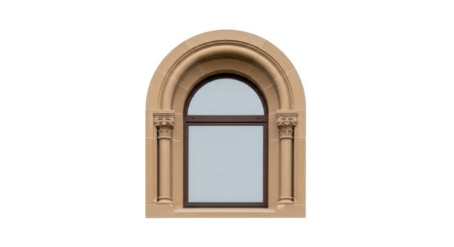 Isolated window with arch, column pilasters, and brown trim against clean backdrop