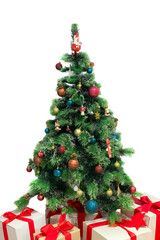 green christmas tree decorated with christmas decorations and gift boxes new year